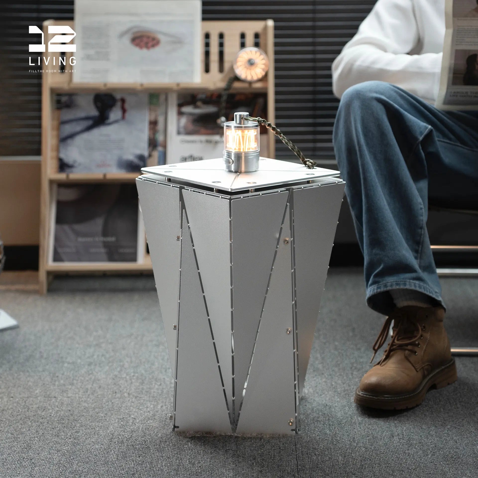 XLINESPACE Modern Industrial Metal Side Table,Geometric Designer End Table for Living Room or Office